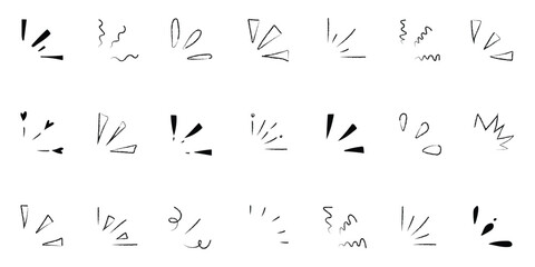 Fototapeta premium Hand drawn black marker explosion and sparkle icons set. Vector sketchy starburst, sunburst, and comic speed line elements for creative graphic design and highlighting. Vector Illustration.