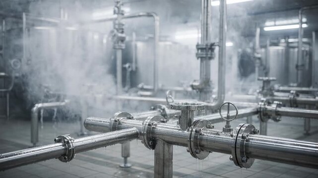 Medium shot showing sanitizing cycle in a CIP setup with steam or disinfectant vapor enveloping stainless steel pipes and tanks ensuring sterile conditions.