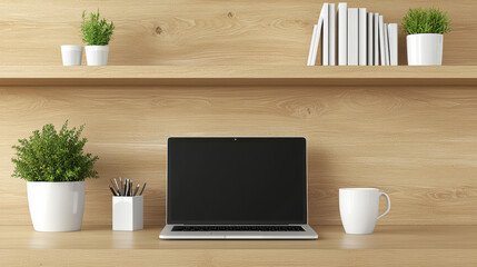 Fototapeta premium Laptop on desk with blank screen is surrounded by plants, books, pens, and a mug against a wooden background in a bright and simple home office scene.
