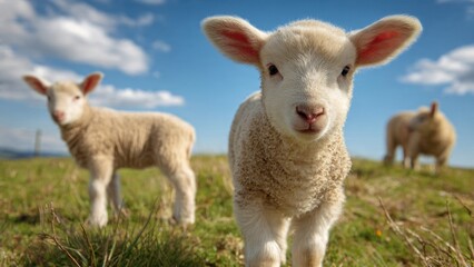 Naklejka premium Cute Baby Lambs Grazing in Sunny Meadow