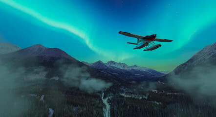 Naklejka premium Seaplane Flying Over Snowy Mountain Valley Under Aurora Borealis Night Sky, 3D Rendering Aircraft in BC