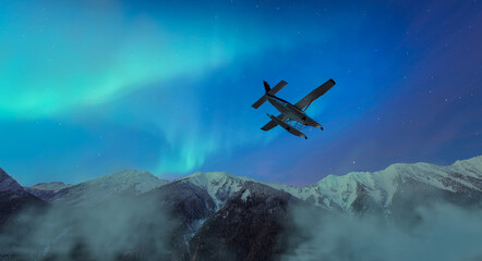 Naklejka premium Seaplane Flying Over Snowy Mountains Under Northern Lights Aurora in 3D Rendering