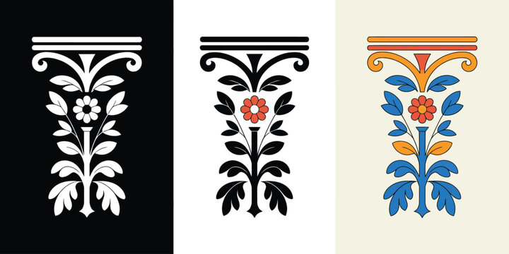 Three stylized floral column capitals with ornate foliage and berries