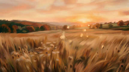 Fototapeta premium Abstract warm landscape of dry wildflower and grass meadow on warm golden hour sunset or sunrise time. 