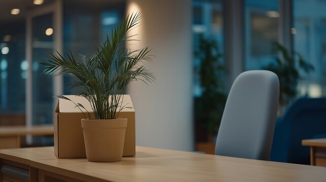 Aftermath of a co-founder breakup in a sparse shared office, one desk cleared and boxed while the other remains fully set up, a single wilting plant between them, overcast light through frosted