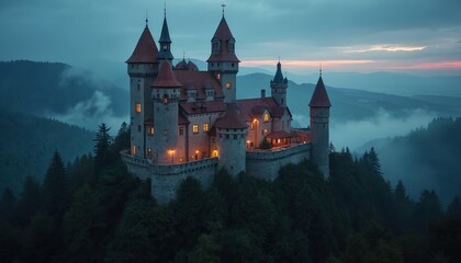 Fototapeta premium Illuminated medieval castle complex perched on a forested hill at twilight. Towers with red roofs stand against a misty mountain landscape. Warm light emanates from windows.