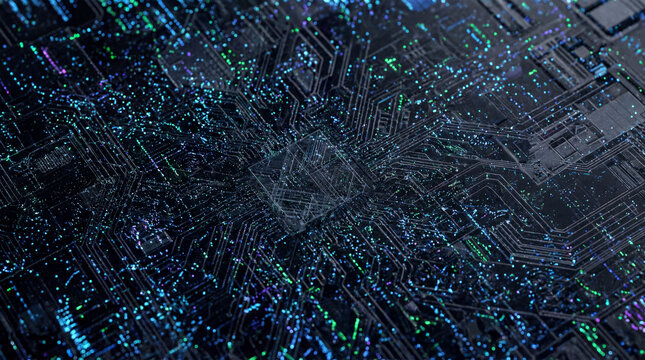 A futuristic circuit board with glowing blue and green lights on a dark background with intricate electronic pathways and microchips