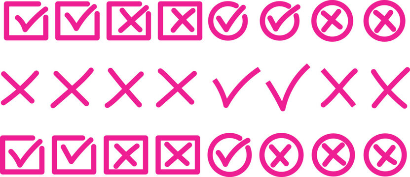 Colorful Check Marks Hand-drawn Doodle Set. Tick, Cross Sing For Checkbox, Checklist, Sketch Set.
