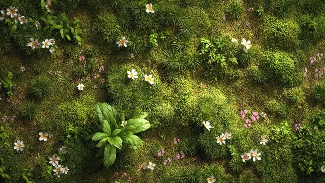 Lush Green Moss with White and Pink Flowers