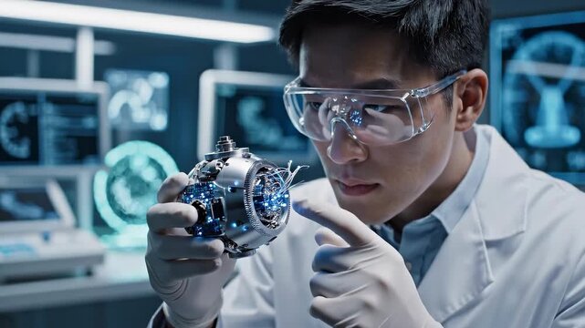 Asian scientist in safety goggles examining a futuristic robotic device in a high tech laboratory, focused on advanced engineering research, innovation, and prototype testing for product development.