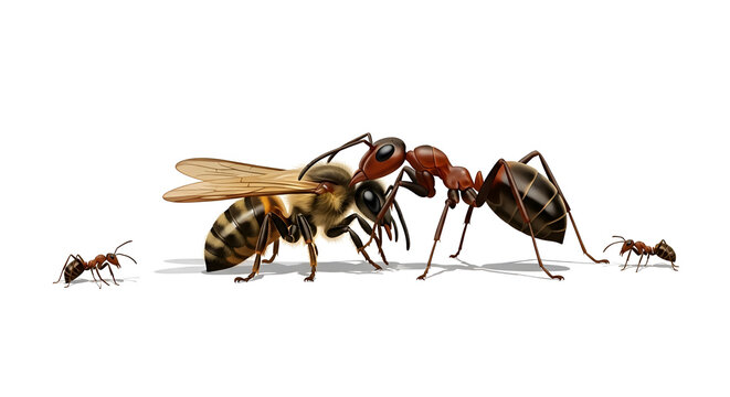 An ant aggressively attacking a bee, two other ants nearby, isolated on a white background, representing conflict and struggle