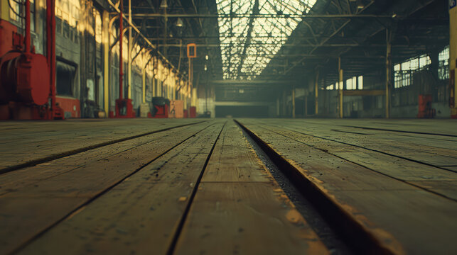 An expansive abandoned factory floor extends to the vanishing point beneath a soa metal roof, bathed in diffuse light, suggesting an atmosphere of decay and scale.