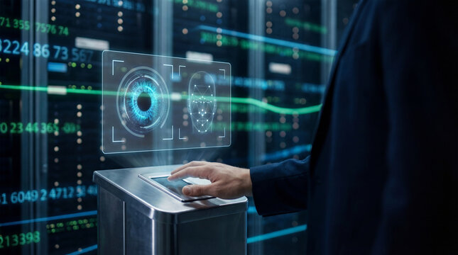 Biometric authentication system with facial recognition and fingerprint scanning technology in a secure server room environment with digital data streams