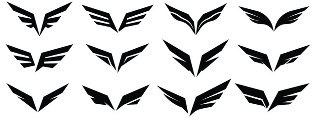 Wing logo shapes and flying emblem icon set, Abstract feather and bird wing silhouettes, Symmetrical flight symbol collection © Creatix