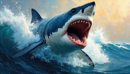 Obraz premium Great white emerges from blue ocean wave with mouth open. Powerful predator shows sharp teeth, splashing water around its body. Oceanic scene under cloudy sky.