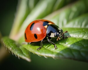 Fototapeta premium Macro shot of a red ladybug with black spots crawling on a vibrant green leaf in nature