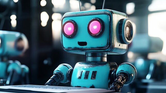 A small blue robot with pink eyes sits on a table in a factory