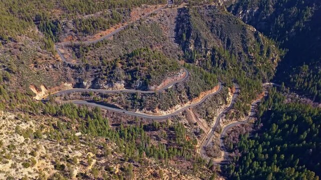 Winding switchback road of Arizona climbs through Oak Creek Canyon connecting Flagstaff and Sedona in Arizona