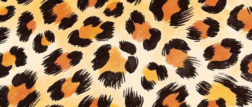 Abstract leopard print pattern with textured brush strokes in warm orange and black
