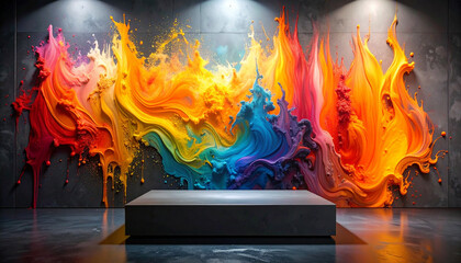 Obraz premium Modern art gallery studio background with thick colorful oil paint mural on wall and reflective floor for creative product mockup.
