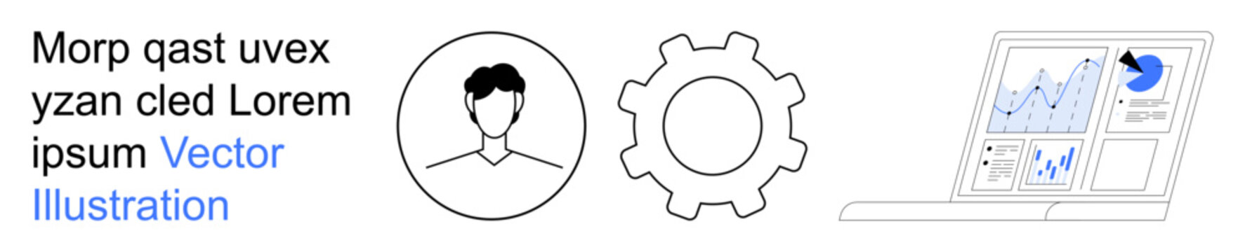 Technology, data analytics, software development, engineering, digital management, technical support. Male profile, gear icon laptop with analytics displayed. Technology and data analytics concept