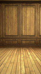 Naklejka premium A golden brown wood paneled wall and matching wood floor create a warm, elegant atmosphere, ideal for showcasing furniture or providing a backdrop, interior.