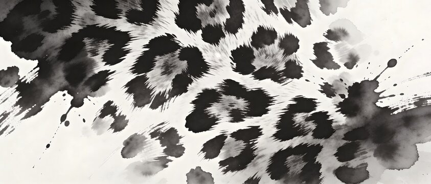 Abstract black and white leopard print with ink splatters and brush strokes