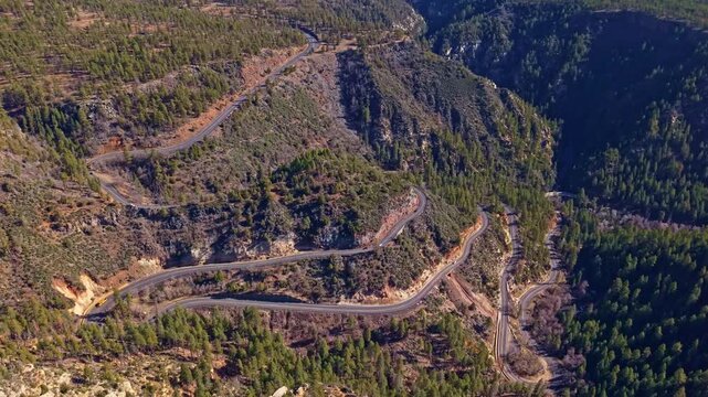 Winding switchback road of Arizona climbs through Oak Creek Canyon connecting Flagstaff and Sedona in Arizona