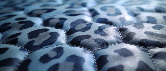 Fototapeta premium Close-up of a quilted blue leopard print leather texture with detailed stitching
