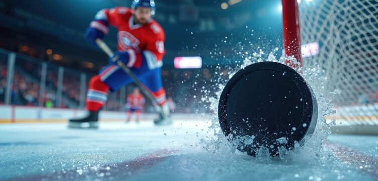Ice hockey puck impacts ice near net. Blurred player with stick moves fast during game. Intense action shot highlights scoring moment in pro match.