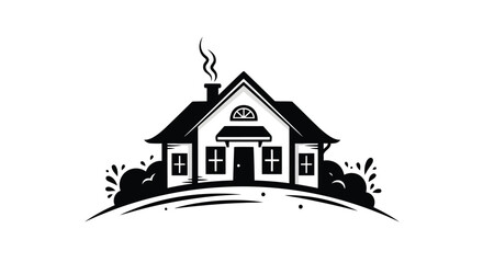 Fototapeta premium Stylized Black House with Smoking Chimney and Bushes Keywords: house, home, building