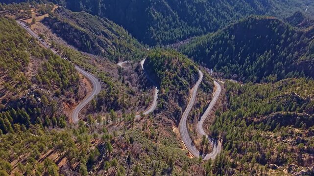 Winding switchback road of Arizona climbs through Oak Creek Canyon connecting Flagstaff and Sedona in Arizona