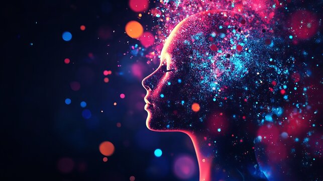 A vibrant and colorful illustration of a human head with particles exploding from it