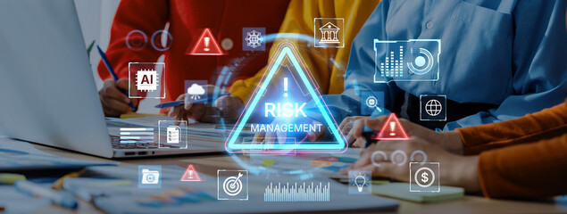 Futuristic risk management featuring AI agents analyzing data, detecting anomalies, and predict financial threats. Represents dynamic risk assessment, compliance, and cyber resilience. Corpus