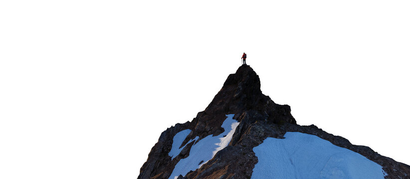 Solo Climber Standing On Mountain Peak With Snow &mdash; Adventure, Solitude, And Achievement 3D Rendering