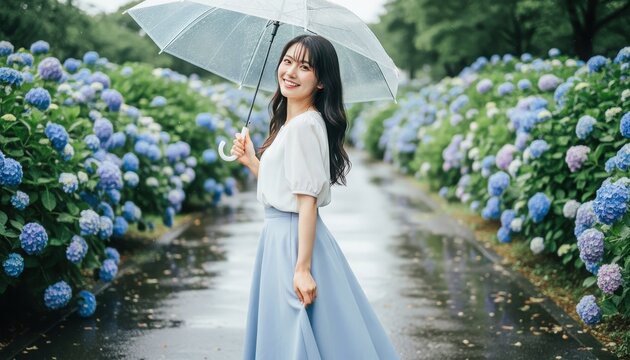 紫陽花の咲く雨の小道で傘をさして振り返る若い女性