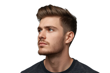 Fototapeta premium Young man looking away, thinking and contemplating future plans, with a short beard and stylish haircut cutout image