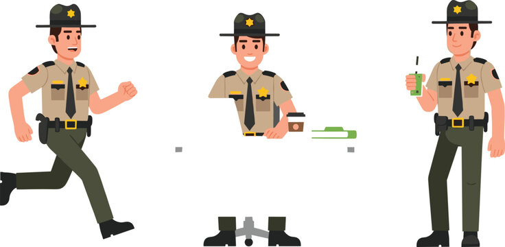 Police Officer Illustration Set with Running, Standing, and Holding a Walkie-Talkie for Law Enforcement and Public Service Graphics