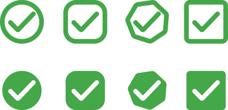 A set of green checkmark icons in various shapes and styles on a png background, cheklist sign, approval signs collection. Vector illustration