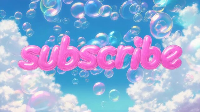 Cartoon style subscribe text with bubbles on blue sky background  
