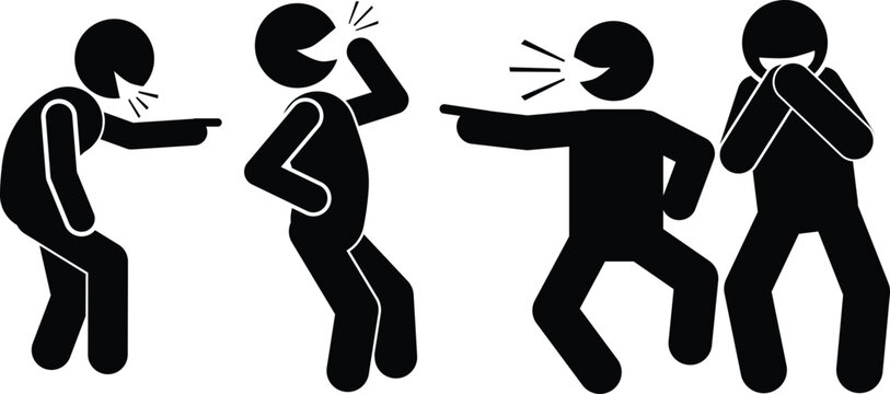 Stick figures laughing, pointing, and making fun, depicting teasing or mockery actions.