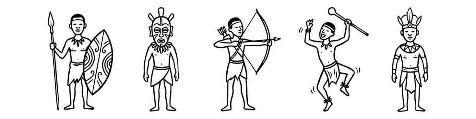 Set of black and white line art illustrations depicting African tribal culture, including a warrior, archer, dancer, and figures in ceremonial masks and headdresses. © Trends