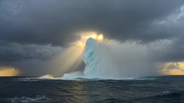 Towering Waterspout Illuminated by Breaking Clouds Creates a Majestic Ocean Storm Cinematic Masterpiece Today