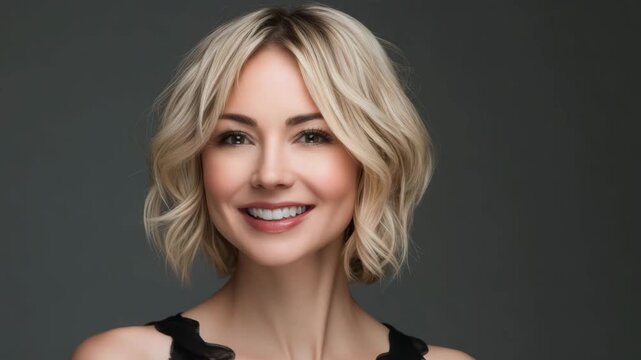 Smiling woman with short blonde hair posing against gray background  