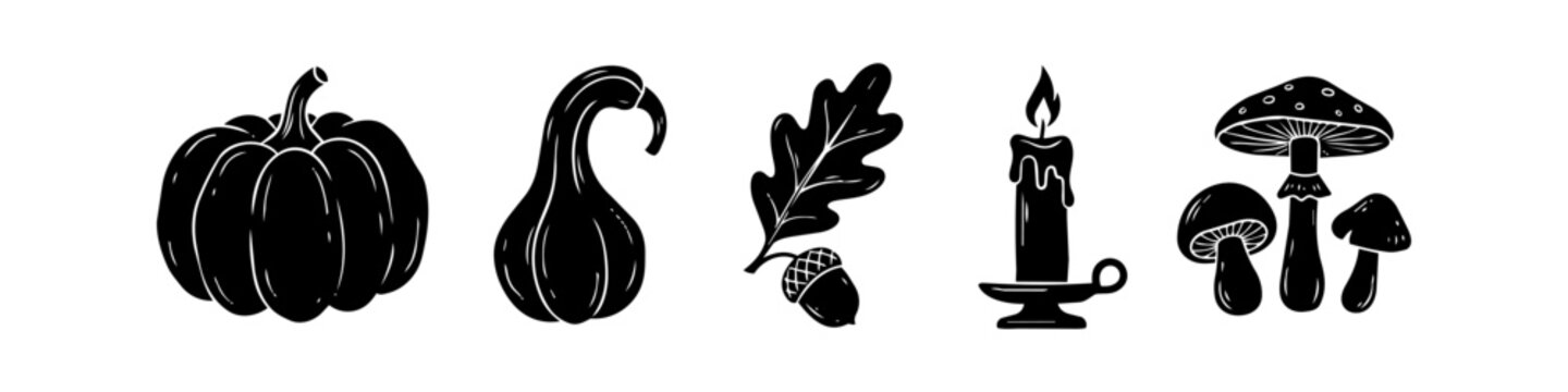 Hand-drawn black silhouette icons of fall elements: pumpkins, gourds, oak leaf, acorn, candle, and mushrooms. Minimalist autumn illustration set for seasonal designs on white background.