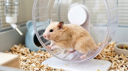 Plakat Hamster running in exercise wheel inside a pet cage with bedding 