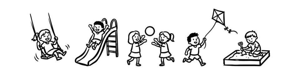 Obraz premium Hand-drawn black and white doodle of diverse kids playing on a playground with a swing, slide, ball, kite, and sandbox. Fun cartoon vector set for children's activities and coloring books.
