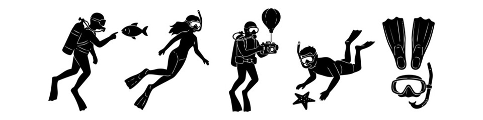 Set of black scuba diving and snorkeling silhouettes including divers, underwater camera, mask, and fins. Vector graphics for ocean exploration, summer travel, and marine life themes. © Trends