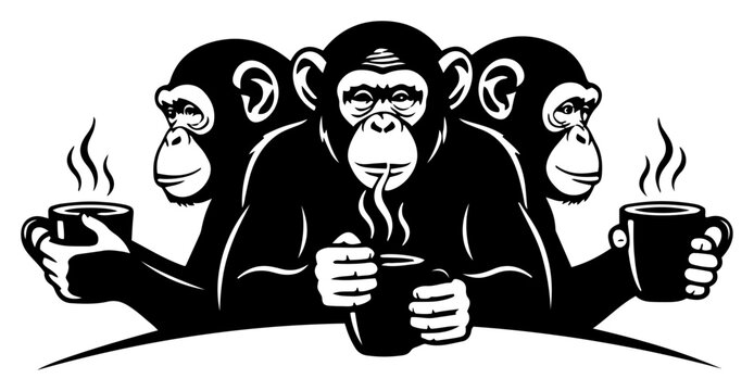 Three chimpanzees sitting and drinking hot coffee together during a social break in black and white vector style