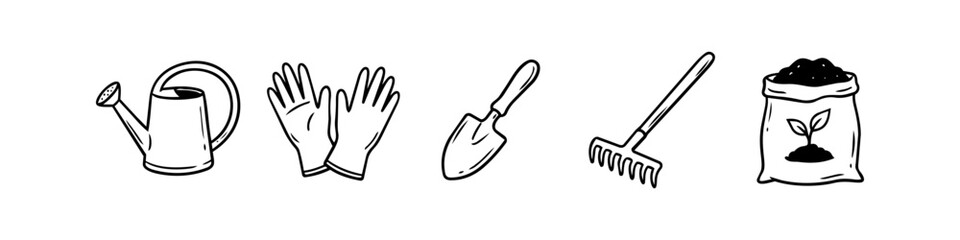 Obraz premium Hand-drawn gardening tools set featuring a watering can, gloves, trowel, rake, and soil bag. Minimalist black line art icons for horticulture, planting, and garden maintenance projects.